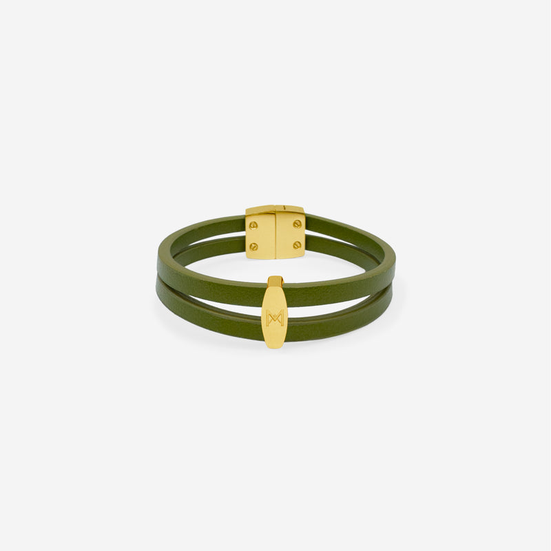 Bracelet MAES Paris B242 en mycelium kaki - vue de face [color:vert kaki,khaki green][finish:doré,gold]