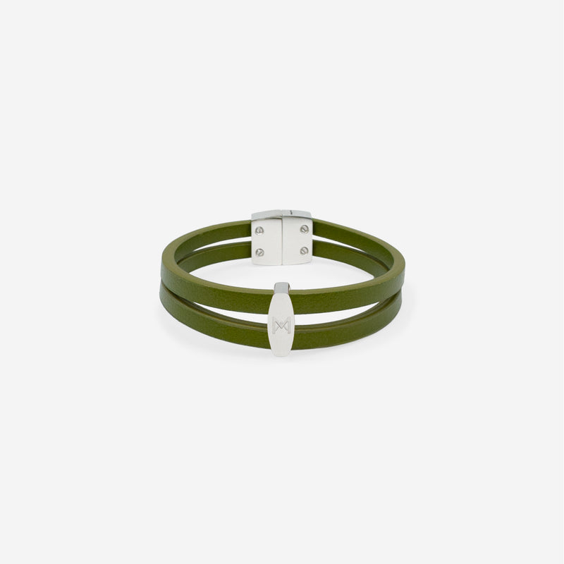 Bracelet MAES Paris B242 en mycelium kaki - vue de face [color:vert kaki,khaki green][finish:argenté,silver]