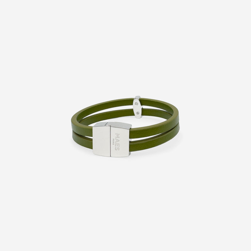 Bracelet MAES Paris B242 en mycelium kaki - vue de dos [color:vert kaki,khaki green][finish:argenté,silver]