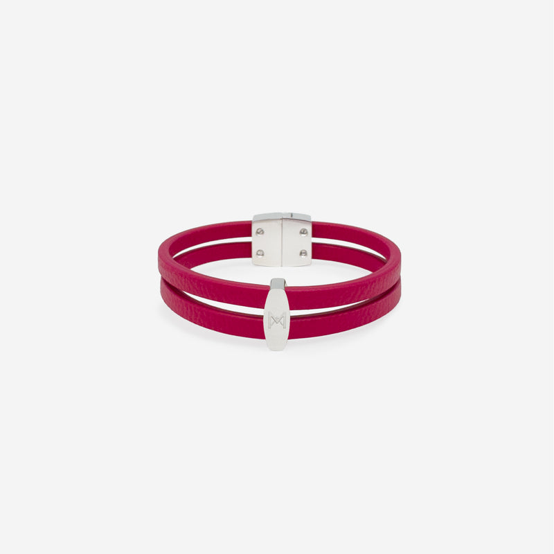 Bracelet MAES Paris B242 en mycelium kaki - vue de face [color:rose rubis,pink ruby][finish:argenté,silver]