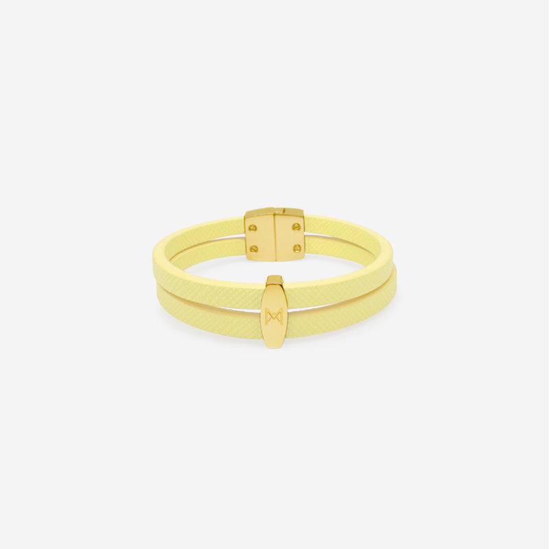 Bracelet MAES Paris B242 en mycelium kaki - vue de face [color:jaune saffiano,saffiano yellow][finish:doré,gold]