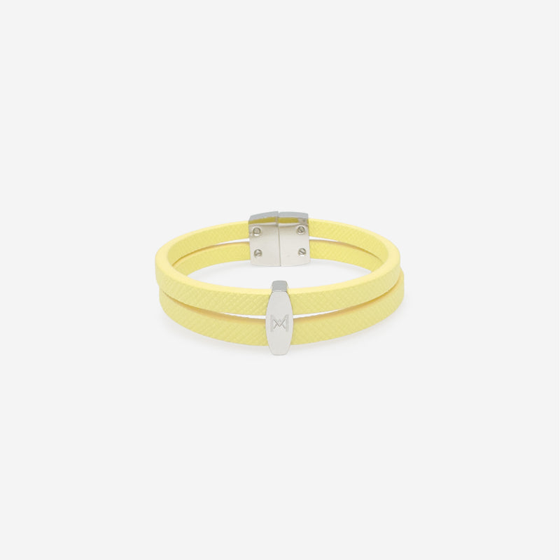 Bracelet MAES Paris B242 en mycelium kaki - vue de face [color:jaune saffiano,saffiano yellow][finish:argenté,silver]