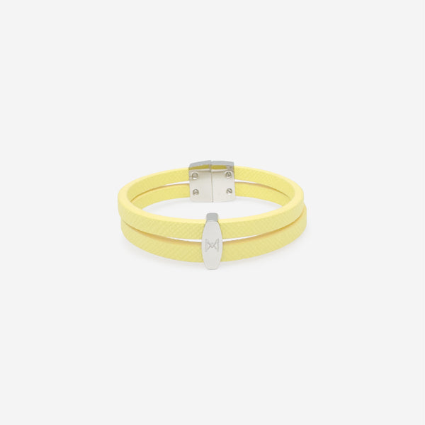 Bracelet MAES Paris B242 en mycelium kaki - vue de face [color:jaune saffiano,saffiano yellow][finish:argenté,silver]