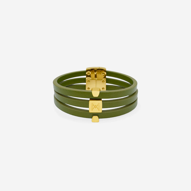 Bracelet MAES Paris B243 en mycelium kaki - vue de face [color:vert kaki,khaki green][finish:doré,gold]