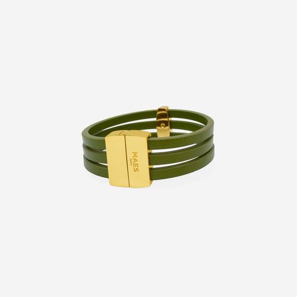 Bracelet MAES Paris B243 en mycelium kaki - vue de dos [color:vert kaki,khaki green][finish:doré,gold]