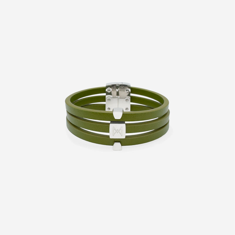 Bracelet MAES Paris B243 en mycelium kaki - vue de face [color:vert kaki,khaki green][finish:argenté,silver]