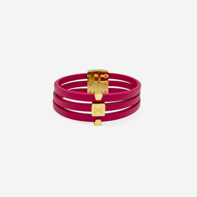 Bracelet MAES Paris B243 en mycelium kaki - vue de face [color:rose rubis,pink ruby][finish:doré,gold]