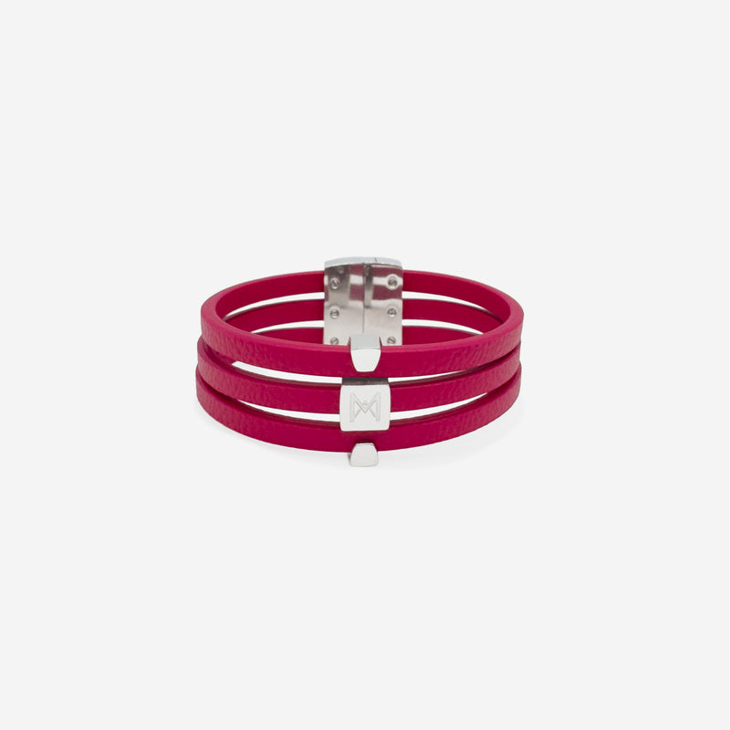 Bracelet MAES Paris B243 en mycelium kaki - vue de face [color:rose rubis,pink ruby][finish:argenté,silver]