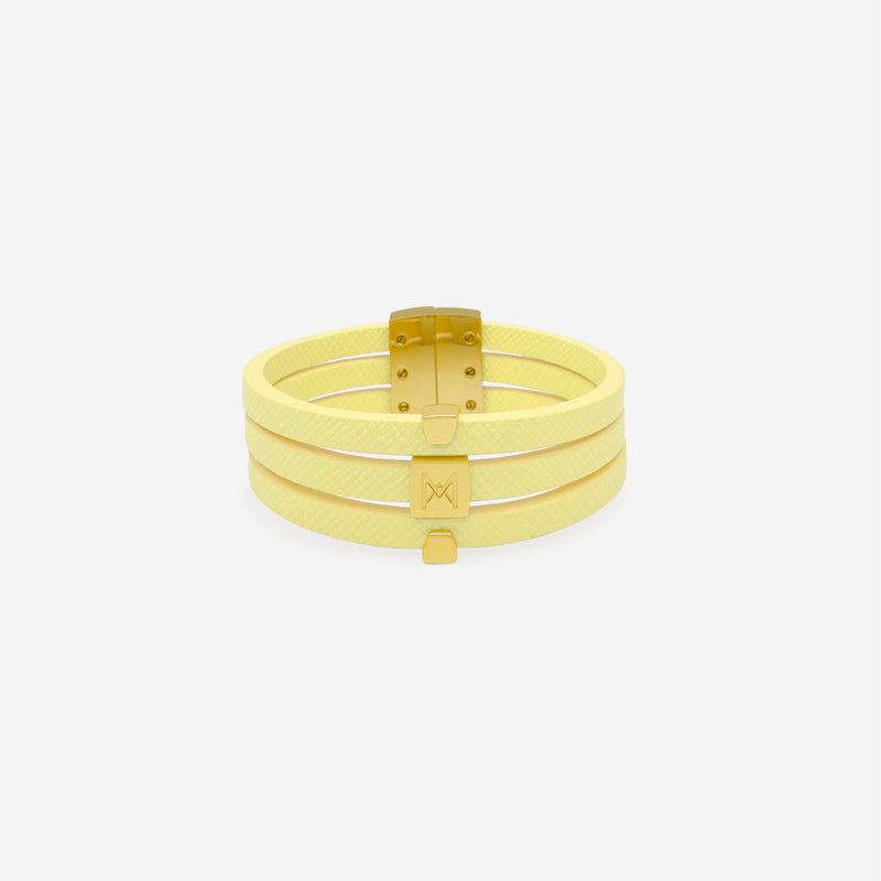 Bracelet MAES Paris B243 en mycelium kaki - vue de face [color:jaune saffiano,saffiano yellow][finish:doré,gold]