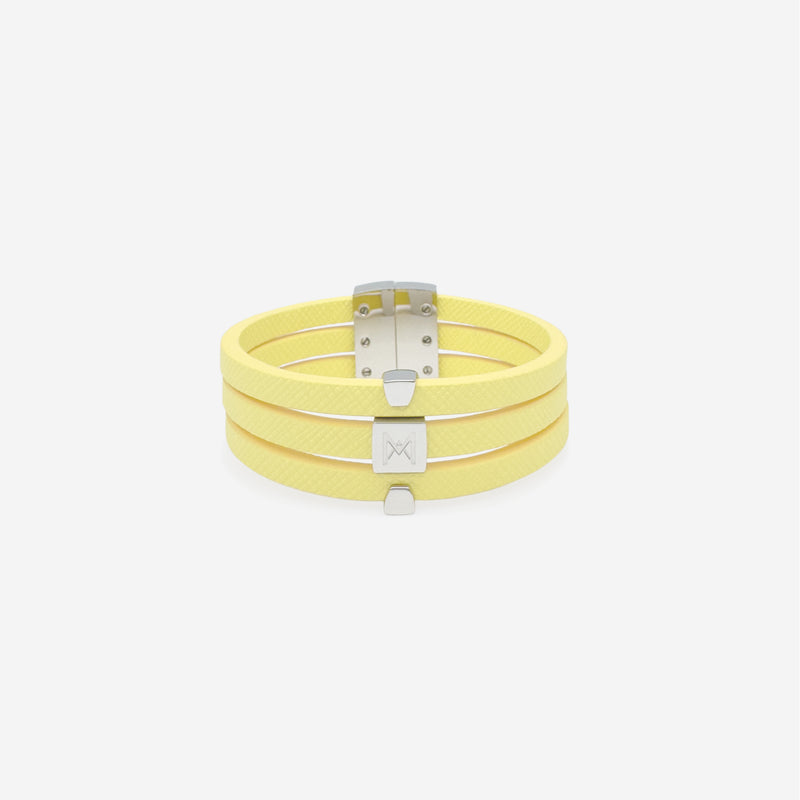 Bracelet MAES Paris B243 en mycelium kaki - vue de face [color:jaune saffiano,saffiano yellow][finish:argenté,silver]