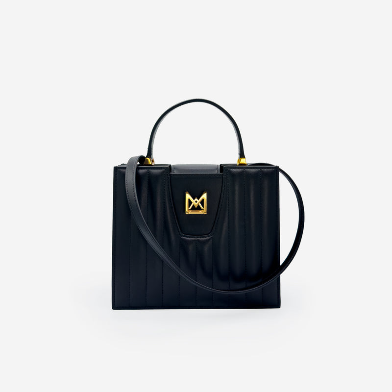 Sac M24/20 par MAES Paris - vue de face avec bandoulière [color:noir,black][finish:doré,gold]