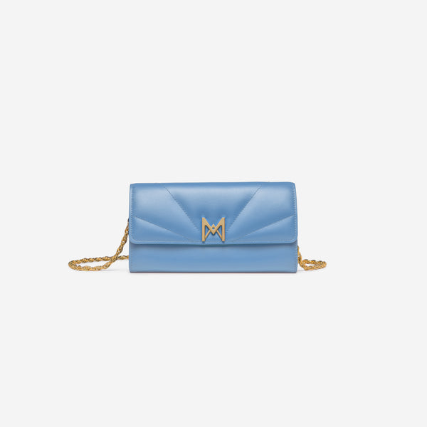 MAES Paris, pochette chaine M1/02 en M_MAT_mycelium Bleu Denim - vue de face [color:bleu denim,denim blue]