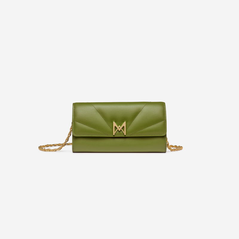 MAES Paris, pochette chaine M1/02 en M_MAT_mycelium Vert Kaki - vue de face [color:vert kaki,khaki green]