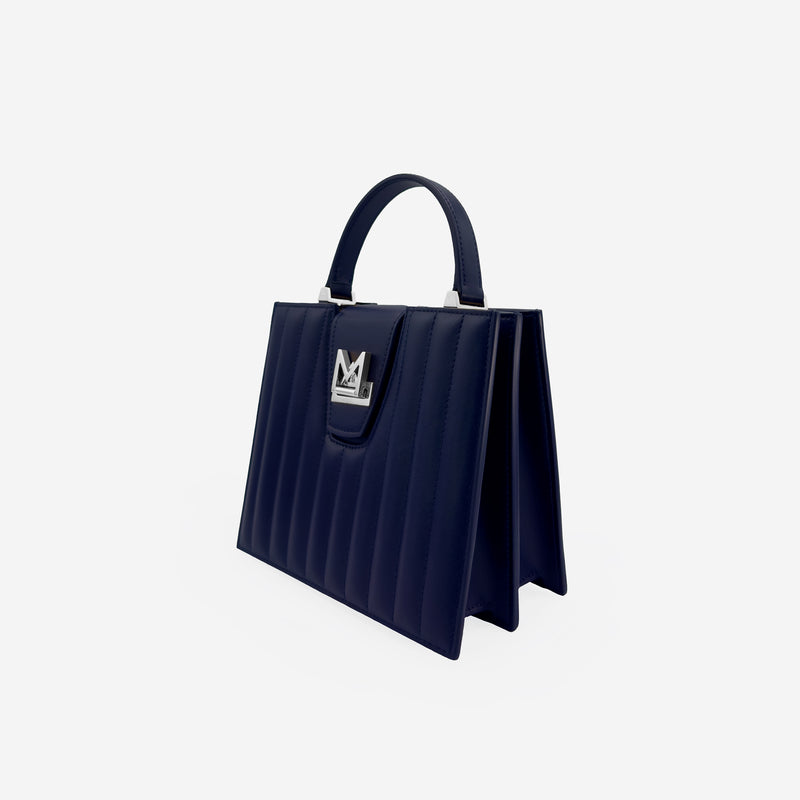 Sac M24/20 par MAES Paris - vue de profil [color:bleu nuit,night blue][finish:argenté,silver]
