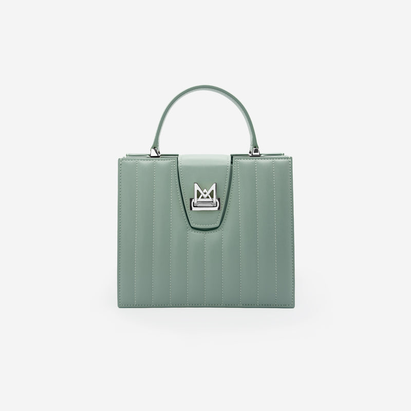 Sac M24/20 par MAES Paris - vue de face [color:vert sauge, sage green][finish:argenté,silver]