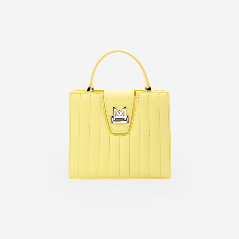 Sac M24/20 par MAES Paris - vue de face [color:jaune saffiano,saffiano yellow][finish:argenté,silver]