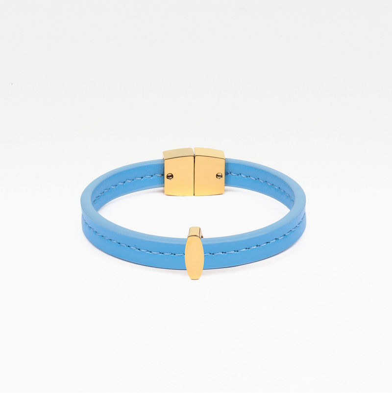 Bracelet MAES Paris B241 en mycelium - vue de face [color:bleu denim,denim blue][finish:doré,gold]