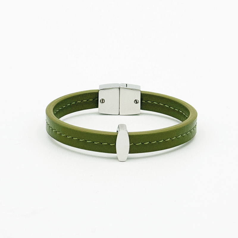 Bracelet MAES Paris B241 en mycelium - vue de face [color:vert kaki,khaki green][finish:argenté,silver]