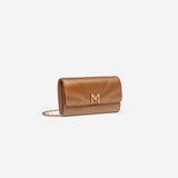 Pochette avec chaine M1_02 en M_MAT_cactus camel vue de profil - MAES Paris, Haute Maroquinerie innovante & responsable