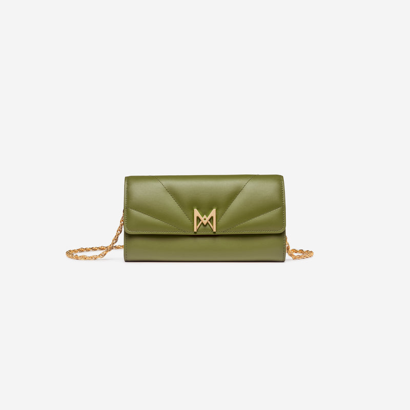 Pochette avec chaine M1_02  en M_MAT_mycelium kaki vue de face - MAES Paris, Haute Maroquinerie innovante & responsable [color:vert kaki,khaki green]
