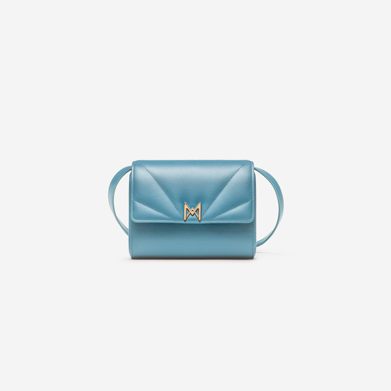 Sac à main M1_06 denim vu de face - MAES Paris, Haute Maroquinerie innovante & responsable [color:bleu denim,denim blue]